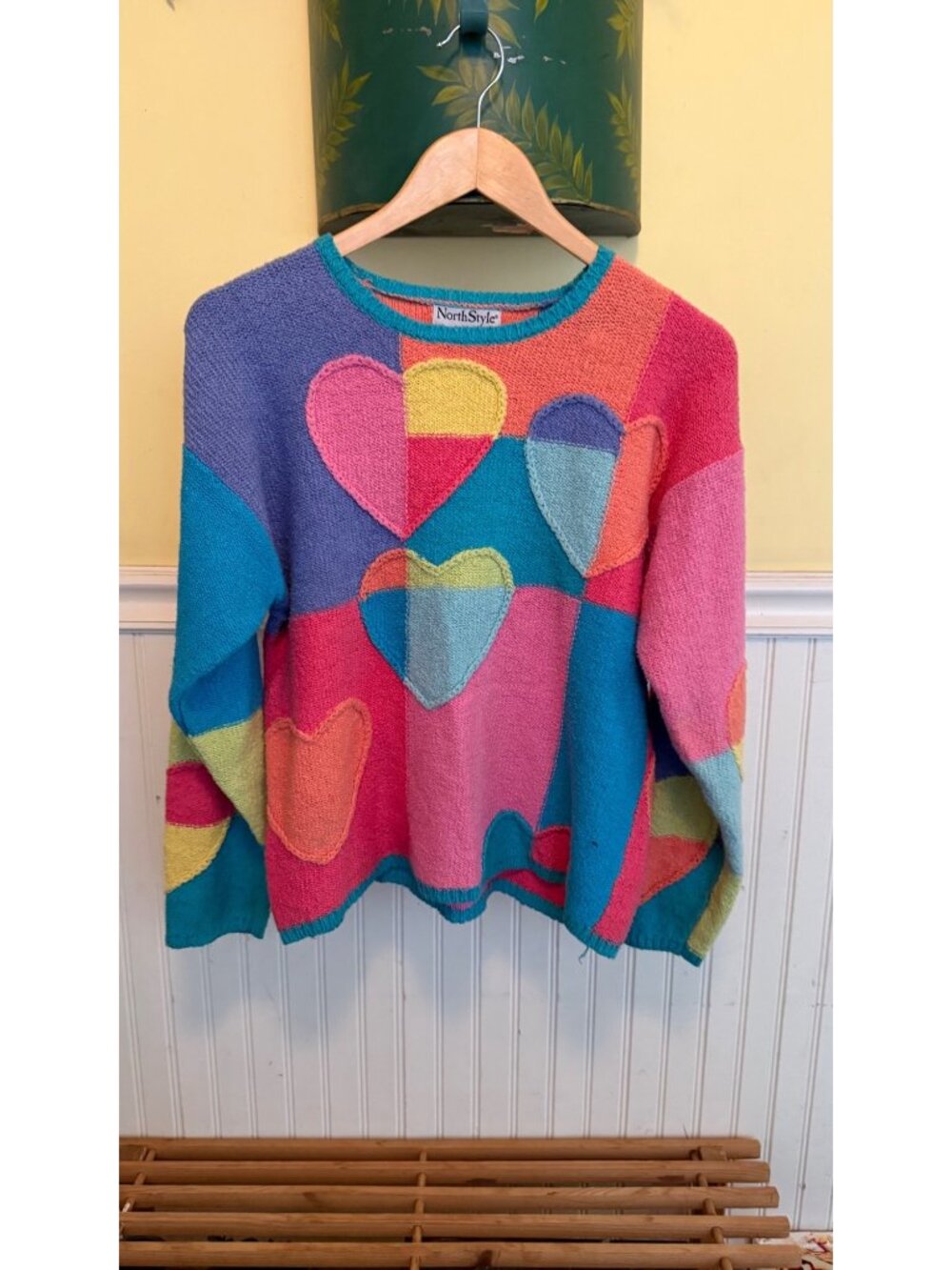 NorthStyle Colorful Heart Patchwork Sweater S Ramie Cotton Long Sleeve Crewneck